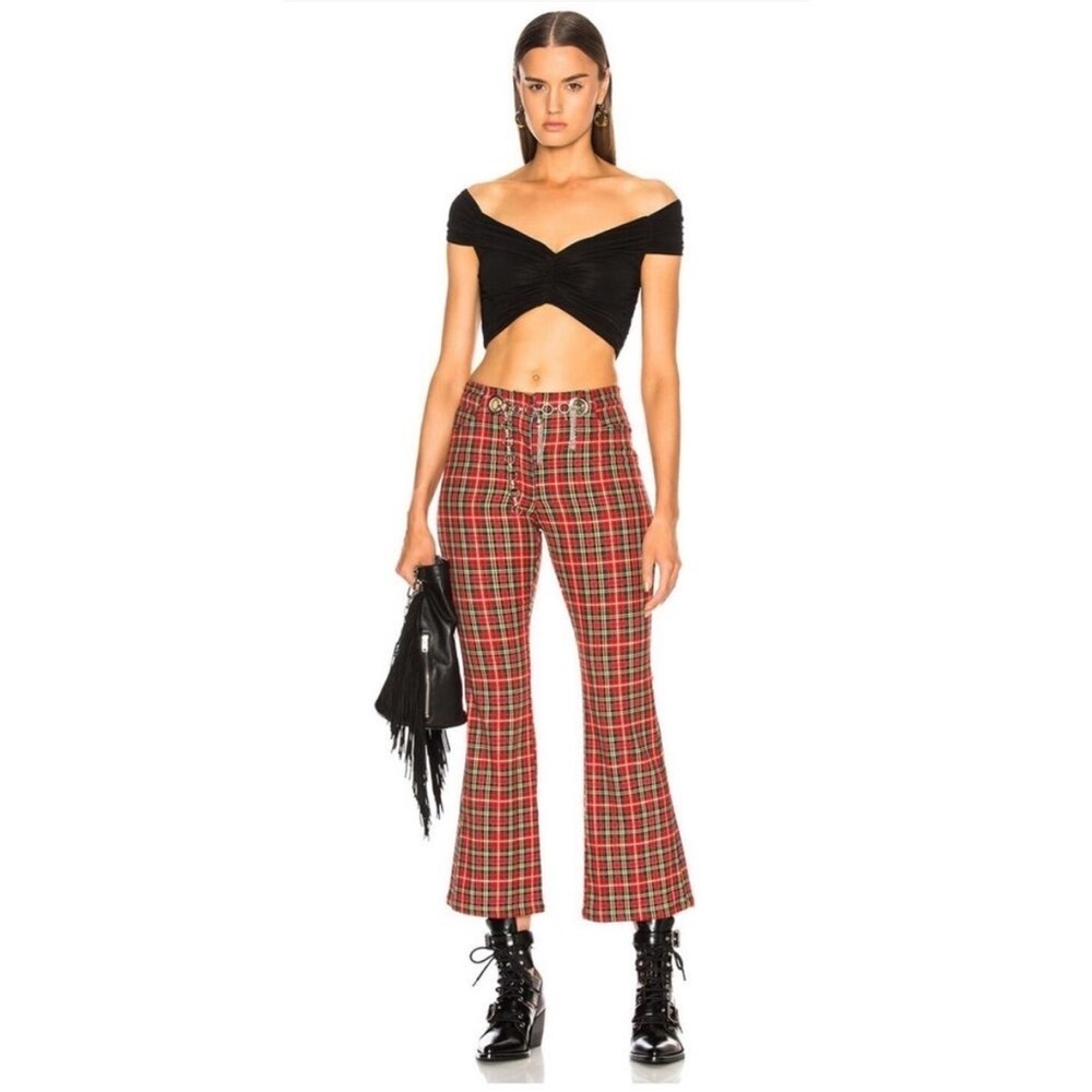 Miaou Morgan Plaid Pants Red Tartan Size 26 High Rise Flare Leg Statement Y2K
